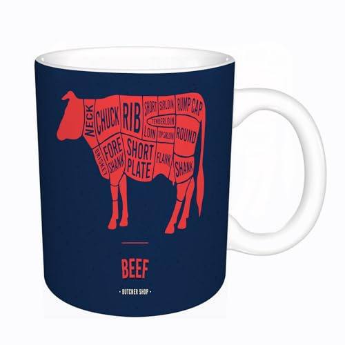 YFHJV Tazas de Café,Taza de Cerámica para Té y Café - Regalo Original - 330 ml - Desayuno Tazas Tazas graciosas,Cortes de carne. Esquema de la carne de res. Silueta de animal de res.,tazas originales