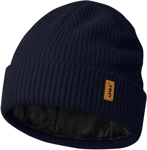 ATNKE Unisex stickad beanie-mössa, stretchig tjock varm fleece fodrad till vardags, vinter, mjuk med manschetter, ullig dödskallemössa present för män fäder och kvinnor, Marinblå, one size