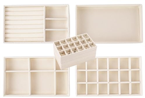 Cecijelry Plateau Bijoux Empilable, Rangement Organisateur Bijoux pour Tiroir, Plateau Présentation en Veloursde Dresser, Boîtier d'affichage d'empilage Plat(Beige)