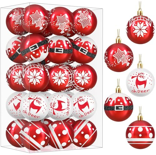 Boule de Noel Rouge et Blanche Decoration Noel Sapin 6cm 30pcs, Boules de Noel Deco Sapin de Noel Interieur Exterieur à Ficelle, Kit Boules de Noël Plastique Grosse pour Noël Mariage Anniversaire Fête