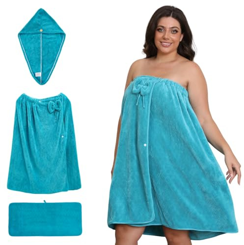 Emdelifo Badetuch-Wickeltuch in Übergröße für Damen (XXL-XXXXL), übergroßes Dusch-Wickelkleid, Spa-Bademantel, bequemer, Verstellbarer Körperwickel + Haartrockentuch + Handtuch (Blue, 160cmX80cm)