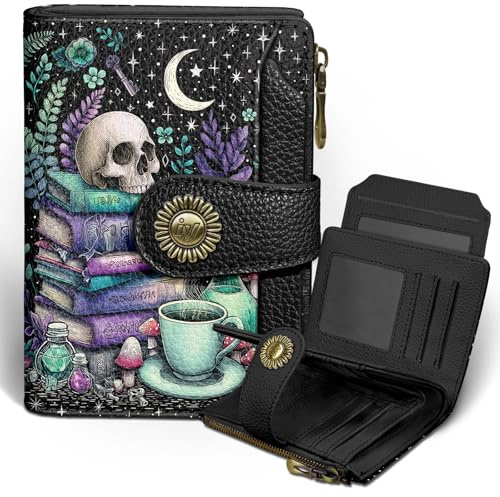 Icycay Goth Gothic Skull Small Wallet Women RFID Blocking Bifold, Credit Card Holder, Zipper Coin Pocket, PU Leather, Funny Witchy, Compact, Travel, 4 ID Window 14 Card Slots, Cash Purse, Ladies Woman