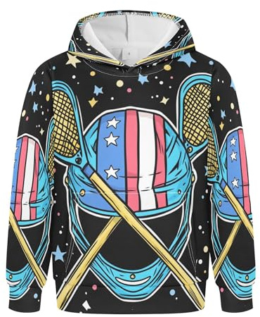 Glaphy American Flag Helmet and Lacrosse KId's Hoodies for Boys Girls, Pullover Hooded Toddler Sweatshirt 4-10 Years Multicolor