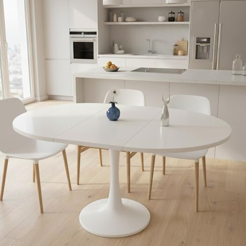 Tavolo da pranzo rotondo allungabile, bianco, 100/140 x 100 x 75 cm, 2-6 posti, versatile per sala da pranzo per spazi multifunzionali