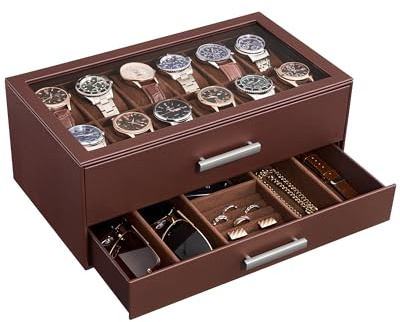 ProCase 12-Slot Watch Box, 2-Tier Pull-Out Drawers Display Case for Men with Clear Top Lid, Watches Jewelry Sunglass Storage Holder Organizer for Husband Dad, Gift Choice for Father's Day -Espresso