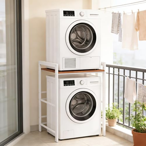 YUODIJIO Estanteria Lavadora y Secadora, 3 Alturas Ajustables, Mueble Lavadora Secadora Columna, Capacidad de Carga de 350 kg, para BañO, BalcóN, Lavandería (Blanco)