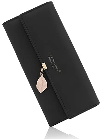 CALIYO Geldbeutel Damen aus glattem und weichem Synthetisches Lede Geldbörse Damen groß und im Langformat Portemonnaie sehr schöne Farben mit vielen Fächern und Handyfach (Schwarz)