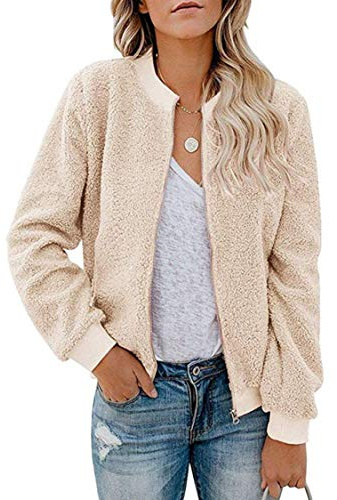 MIROL Women's Fall Fleece Bomber Jacket Winter Fuzzy Faux Sherpa Casual Long Sleeve Zip Up Loose Fit Trendy Coat, Beige, M