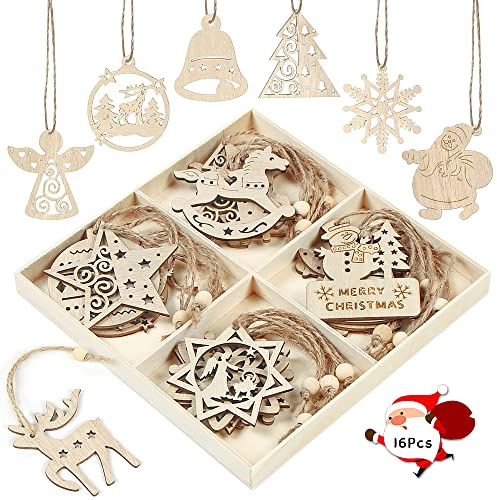 Weihnachtsanhänger aus Holz, 16 Stück, Ornamente aus Holz für Weihnachten, Weihnachtsdekoration, Holz mit Schnur, zum Aufhängen von Fenstern, Wänden und Weihnachtsbaum