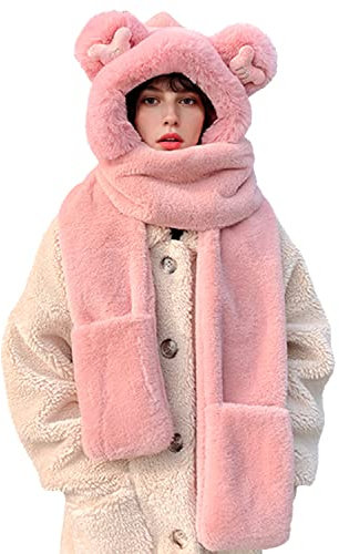 Rayson 3 In 1 Winter Womens Mütze Schal Damen niedlichen Bär Kapuzenschal Hut Mit Pelzigen Handschuhe Warme Mädchen Hut Handschuhe Schal Set Winterschal Ohrenschutz für Outdoor