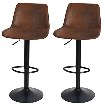 FATIVO Tabouret de Bar Industriel: Lot de 2 Chaises Hautes de Cuisine en Cuir Hauteur Réglable, Vintage Capitonné avec Dossier et Repose-Pieds - Brun