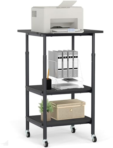 SFAREST 3-Tier Mobile Printer Stand, Height Adjustable Rolling Utility Cart with Lockable Wheels and Storage Shelf, Wooden Storage Organizer Unit for Home Office(Black)