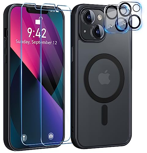YisrLery 5-in-1 für iPhone 13 Hülle für Mag Safe 6,1''- Schwarz | Schutzfolie und Kameraschutz Militärnorm Schutz PC Kratzresistente Rückseite Stoßfest TPU Bumper Magnetische Hülle