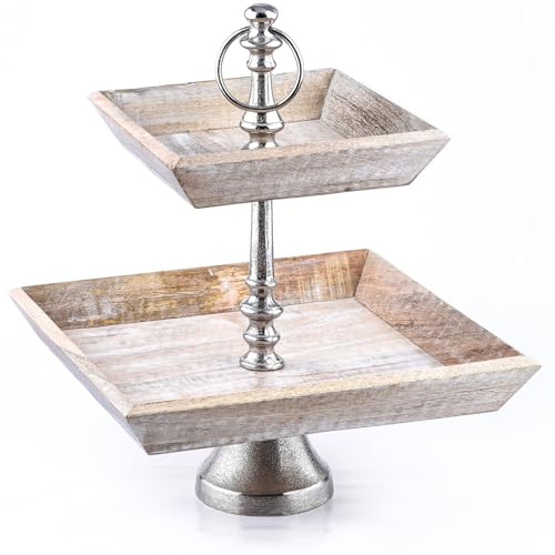 Vintage Obst-Etagere Ansgar 2 Etagen edel aus Holz und Aluminium 38 cm