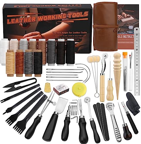 Benlay Leder Arbeitsgeräte, Praktisches Leder Werkzeug Kit mit Beveler Groover Stitching Punch Faden Nadeln Handwerk Werkzeuge Nähen Set mit Rolltasche und Handbuch