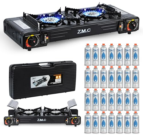 Z.M.C Premium camping gasspis 2 lampor + 28 gaspatroner 227 g, campingspis med transportväska för utomhus och inomhus, balkongspis, dubbelgasspis med piezo-tändning