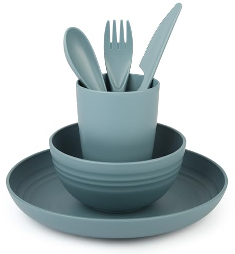 Belle Vous 4-Piece Plastic Navy Dinnerware Set - Includes Plate, Bowl, Cup and Cutlery - Unbreakable Reusable Tableware for Camping, Picnic and Dinner - Microwave and Dishwasher Safe Service Set