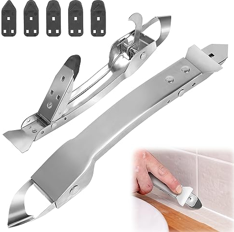 LOHAME 4 in 1 Silikonentferner Werkzeug Edelstahl Silikon Entfernung Werkzeug Silikonfugenentferner Werkzeug Multifunktional Verstemmungswerkzeuge mit Silikon Pads für Küche Bad Fenster Spüle Böden