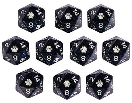 HDdais Glitzer-D20-Würfel, 10 Stück, 20-seitige Würfel, schwarz gemischt, blau, D20 polyedrische Würfel für DND, RPG, MTG, Tischspiel