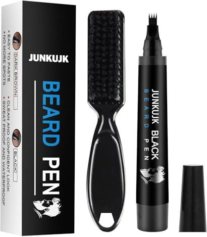 Beard Pencil Waterproof Beard Filler Pen Kit for Men - Long Lasting Coverage, 4 Tips, with Brush for Neat and Natural Thick Beard (Black)