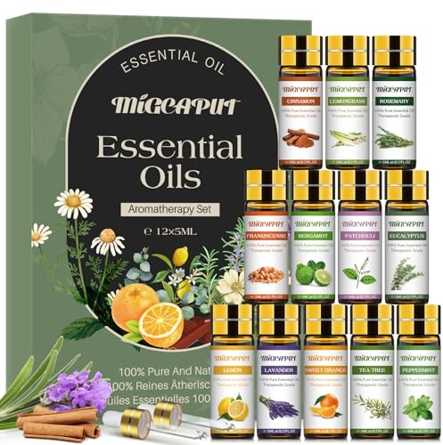 MIGCAPUT Set di Oli Essenziali per Diffusori 12 x 5ML, Olio Essenziale Naturale al 100% per Aromaterapia, SPA, Massaggi, Bagno - Tea Tree, Lavanda, Menta, Eucalipto, Bergamotto, Rosmarino, Limone