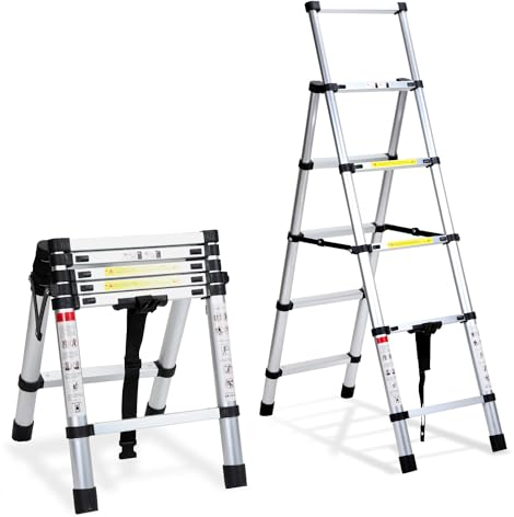 Fiqops Escalera telescópica Plegable de Aluminio de 1,4 m + 1,7 m, Marco A, 4 + 5 peldaños, Escalera Extensible para Reparaciones de Techo, tamaño Plegado 62,7 cm, Capacidad de Carga de 150 kg
