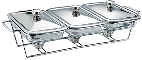 3 Sink Buffet Chafing Dish Alcohol Stove, Stainless Rectangular Server Food Freshness Warmer With 3 Glass Tray For Catering Party Wedding