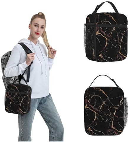 OUSIKA Lonchera de mármol negro y dorado para mujeres y hombres, reutilizable, aislada, bolsa de almuerzo de viaje, bolsa de almuerzo, lonchera portátil para trabajo, picnic, camping