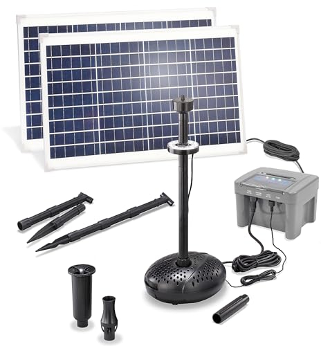 esotec Solar LED Teichpumpe mit Filter 70 2800, LiFePo4 Akku, Sprinklerpumpe 2800l/h, Erdspieß, Solarmodule 70W, Solarbrunnen Gartenteich, Wasserspiel Springbrunnenpumpe, Komplettset, außen, 101940