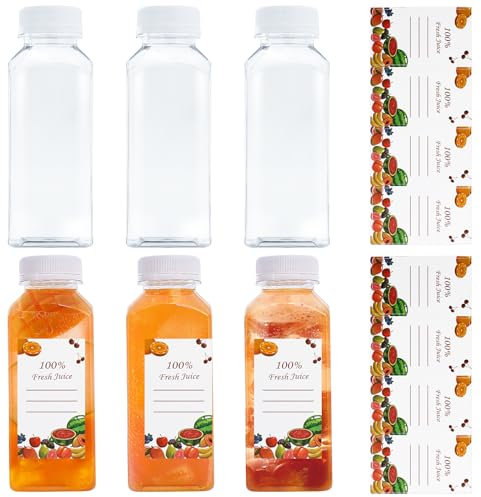 Morocket 6 Pieza 350ml Botellas de Jugo de Plástico, Botella Plastico PET Reutilizable, Transparente Botes de Plástico con Tapa y 8 Pegatinas para Frigorífico, Leche y Todo Tipo de Bebidas