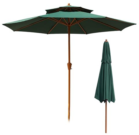 Sonnenschirm Terrassenschirm mit doppelter Oberseite, 270 cm Outdoor Balkonschirm winddichter, Sonnenschutz UV-Schutz Gartenschirm, Holzmaserung, Eisenstange (Color : Green, Size : 9ft/270cm)