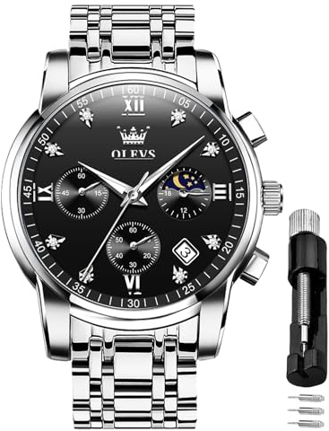 OLEVS Herrenuhren Schwarz Edelstahlarmband Quarz Uhr Männer mit Diamant Datum Wasserdicht Leuchtende Klassische Elegantes Armbanduhr Geschenk