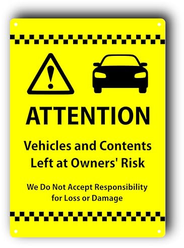 Yellow A4 Aluminium Composite Sign for Car Parks - ATTENTION: Vehicles and Contents Left at Owners' Risk - UV Printed, Weatherproof, Safe Handling with Rounded Corners, Fixing Holes Included