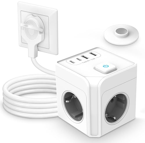 Steckdosenwürfel USB C Steckdosenleiste 3Fach Mehrfachsteckdose Würfel | Flachstecker Mehrfachstecker Würfel mit 2 USB-C &2 USB-A, Magnetischer Cube Steckdose Steckerleiste mit Schalter mit 2M Kabel
