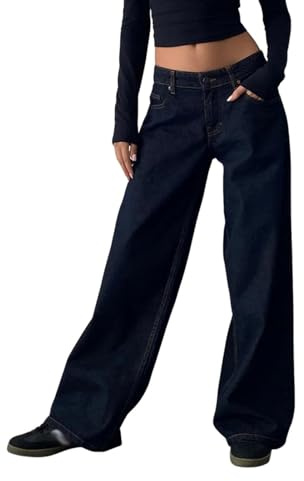 Onsoyours Jean Femme Taille Basse Coupe Droite Straight Jeans Y2K Baggy Jambes Larges Pantalon en Denim Automne Hiver Elastique Jeans B Marine M