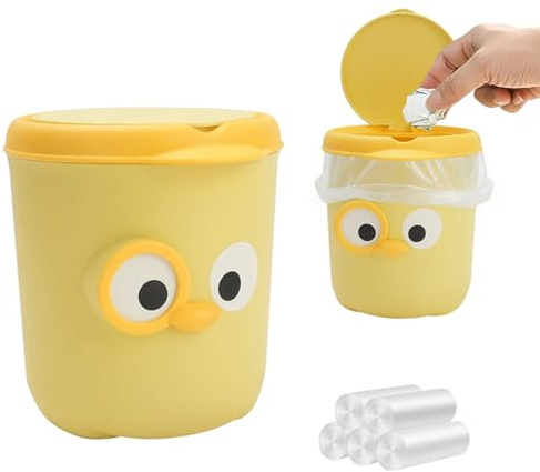 IBEQUEM Mini Desktop Trash Can, Cute Small Trash bin with Lid, Countertop Waste Bin with 6 Rolls of Bin Liners, Portable Tabletop Dustbin, Cartoon Bird Rubbish Storage for Office Bedroom Car (Yellow)