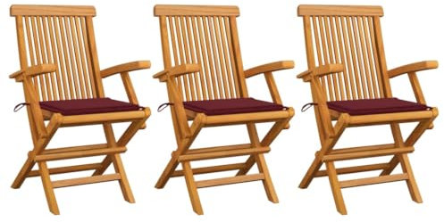 Xichuzi Gartenstühle mit Weinroten Kissen, Gartenmöbel, Balkonstühle, Hochlehner, Balkonmöbel, Bistrostuhl, Garten Stühle, Sit Möbel, Armlehnenstuhl, 3 STK. Massivholz Teak