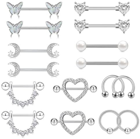 GoPaw 8 Paar Nippelpiercing für Damen, 14G Brustwarzenpiercing 316L Nipple Piercing Barbell Piercing Brustwarze Frauen Herz Barbell Piercings Körperschmuck Set für Frauen