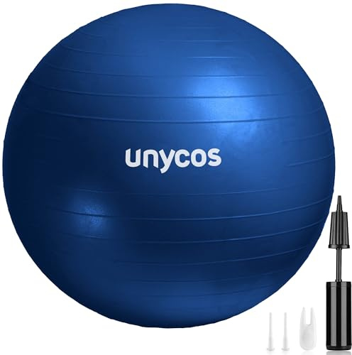 unycos - Palla Fitness 55 cm Antiscivolo in PVC con Pompa Manuale, Fitball per Pilates, Yoga, Stretching ed Esercizi di Equilibrio, Carico Statico fino a 300 kg (Blu Scuro con Logo)