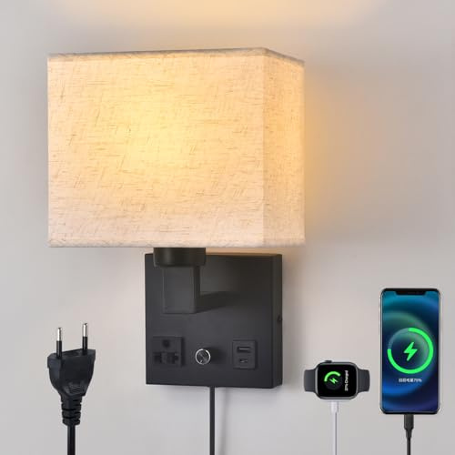 Nachttisch-Wandlampen für Schlafzimmer, steckbare Wandleuchten mit dimmbarem Schalter, AC-Steckdose & USB-Anschluss und Stoffschirm, schwarze Wandleuchten für Wohnzimmer und Hotel (Black(1 Pack))