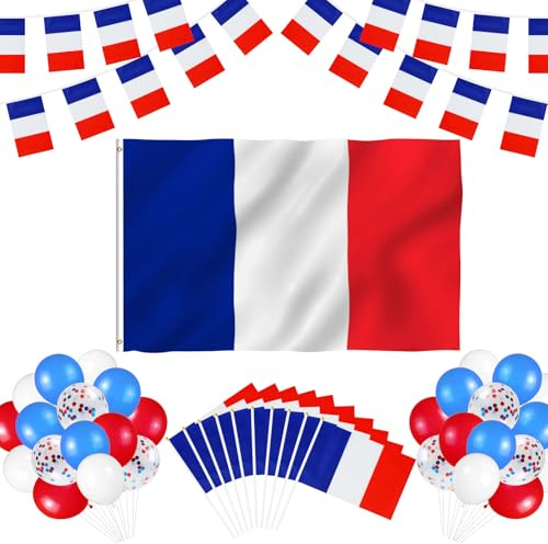 61 Drapeau Français, Grand Drapeau France 90×150cm, 5M Guirlande de Bannière, 10 Drapeaux Français à Main, 30 Ballons de France, Décoration de Fête Sur le Thème du Patriotisme