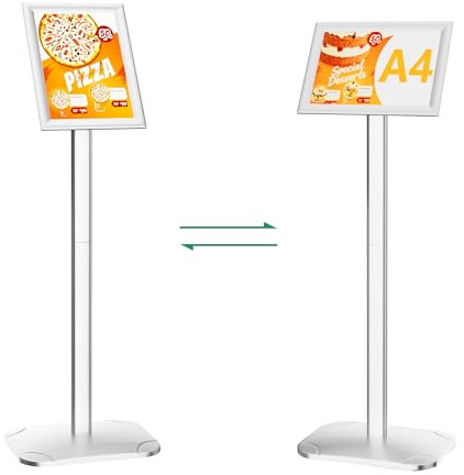 VOCON Infoständer DIN A4, Plakatständer mit stabiler Basis, Kundenstopper, Präsentationsständer, A4 Werbeständer mit Drehbarem Display und Einfachem Inhaltswechsel (Silber).