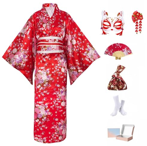 Ensemble Kimono Japonais Femme 9 Pièces - Yukata Satin avec Obi, Nœud Papillon, Masque Renard, Éventail, Tabi, Pochette et Barrette - Déguisement Geisha Large pour Carnaval & Cosplay Coffret Cadeau