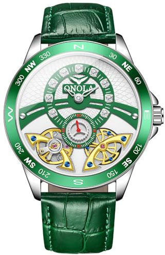 Orologio da polso da uomo, con doppio tourbillon, con doppia lancetta dei secondi, con intarsio in zircone, completamente automatico, design unico, Verde, Lusso