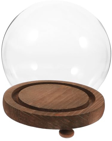 DOITOOL Glasglocke mit Holzsockel Runde Glaskuppel Vitrine für Tischdeko Staubdichter Display Dome für Trockenblumen Micro-Landschaft Langlebige Glasglocke für Wohn Bürodekoration