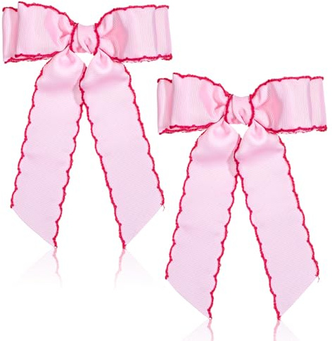 Shimmeroo 2PCS Pink Hair Bow, Princess Bow Hair Clip - 13 cm | Ruffle Satin Ribbon Hairs Clips with Alligator Clips Hairs Accessories for Women,Valentine Birthday Party Everyday Wear