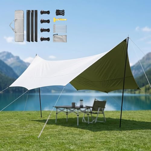 Tende Da Spiaggia Portatile, Vela Ombreggiante E Telo Esterno 4.4x4.5/4.4x5.6m Antivento Antipioggia Con Pali, Montaggio Rapido For Barbecue E Esplorazione(Green,450x440cm)