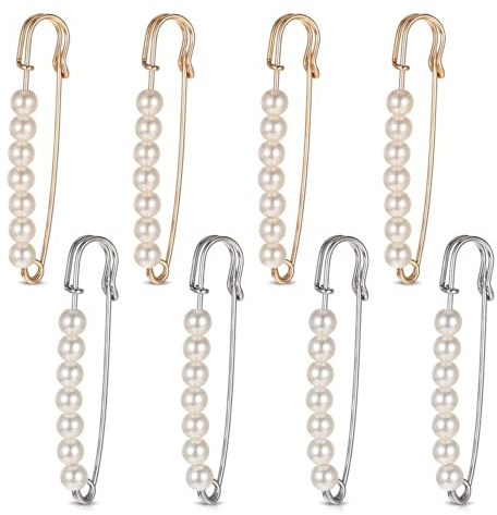 JJUNW 8 stycken pärlbroscher, 7,5 cm säkerhetsnålar med pärlor stora broschyrer brosch med konstgjorda pärlor silver broscher för kläder pullover dukar kjolar