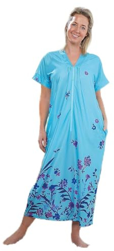 Coopers of Stortford - Zip Front Kaftan Aqua - Lightweight Flowing Beach Cover-Up Dress - Easy Care Machine Washable Polyester with Pockets