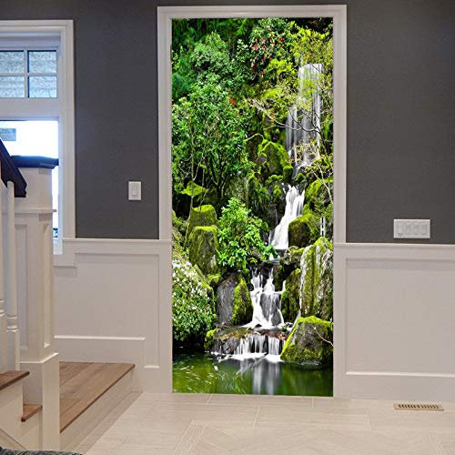 A.Monamour Türtapete Selbstklebend Türfolie Türposter 3D Grüne Bäume Wald Berg Felsen Steine ​​Wasserfall Naturlandschaft Vinyl Folie Türdeko Tapete Wandbild Türaufkleber Türtattoo 90 x 200 cm